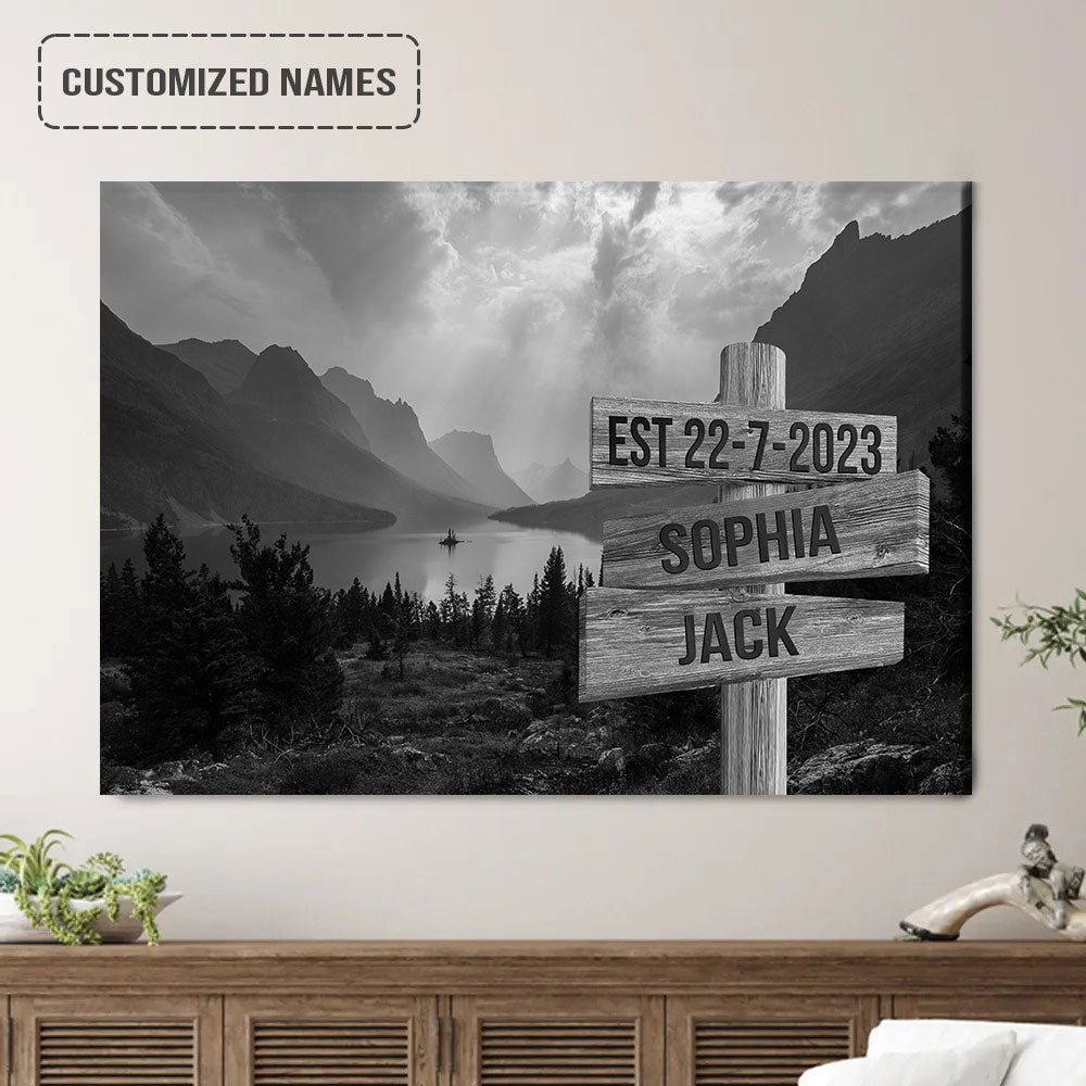 Couples Wedding Anniversary Street Sign Wall Art Canvas Customized Names, Lake And Mountain Range Landscape Canvas Poster