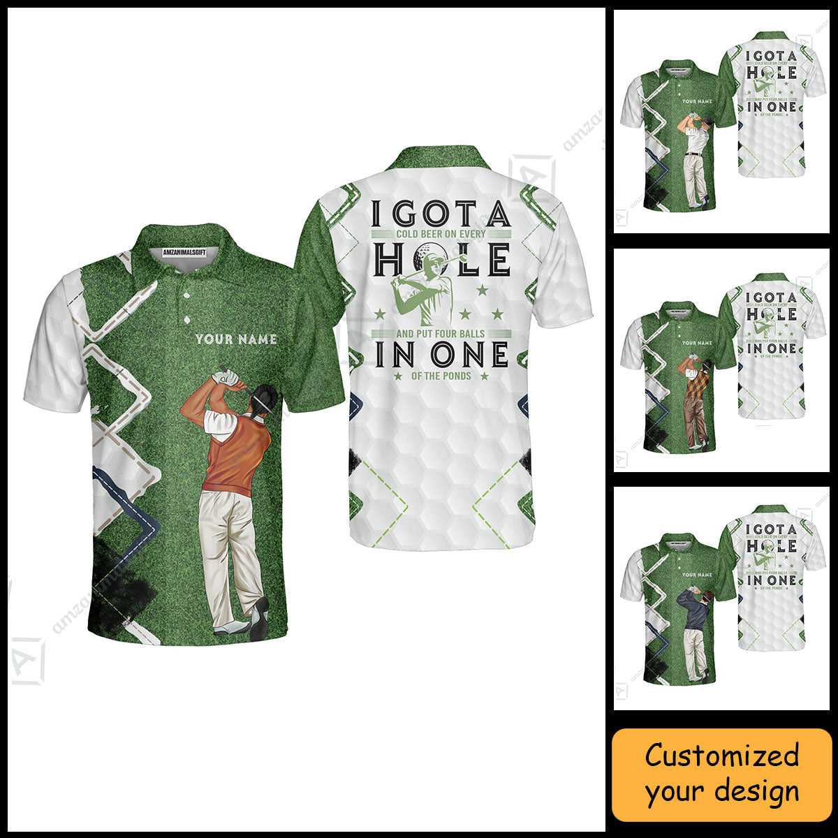 Golf Custom Polo Shirt, Green Argyle Golf Men Polo Shirt, I Got A Cold Beer On Every Hole In One Golf Personalized Polo Shirts