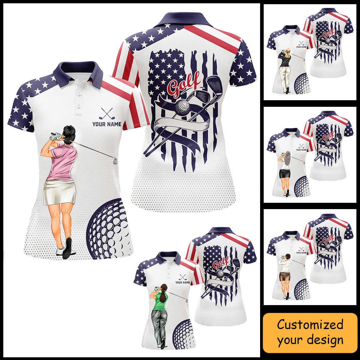 Golf Custom Women Polo Shirt, American Flag, US Flag Golf Personalized Women Polo Shirt