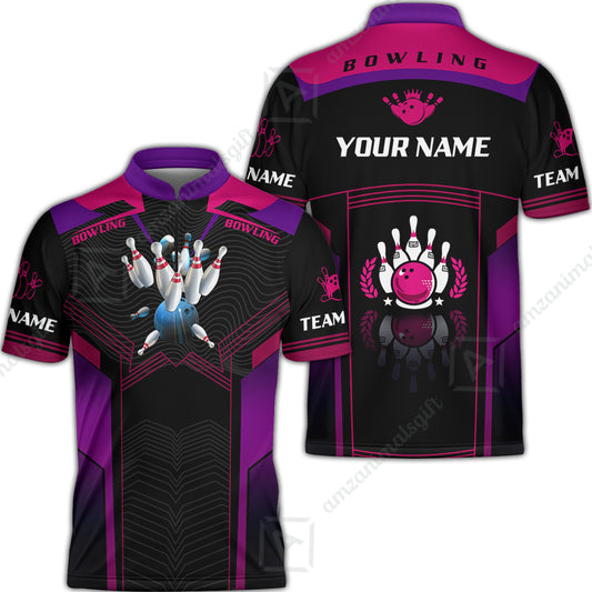 Customized Bowling Jersey Shirt, The Blue Bowling Ball Crashing The Pins Purple Pattern Personalized Name Team Name Logo Team For Bowling Team