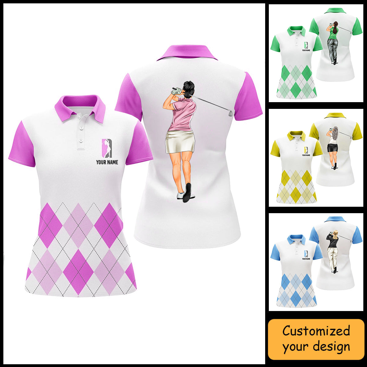 Golf Custom Women Polo Shirt, Argyle Pattern Golf Personalized Women Polo Shirt