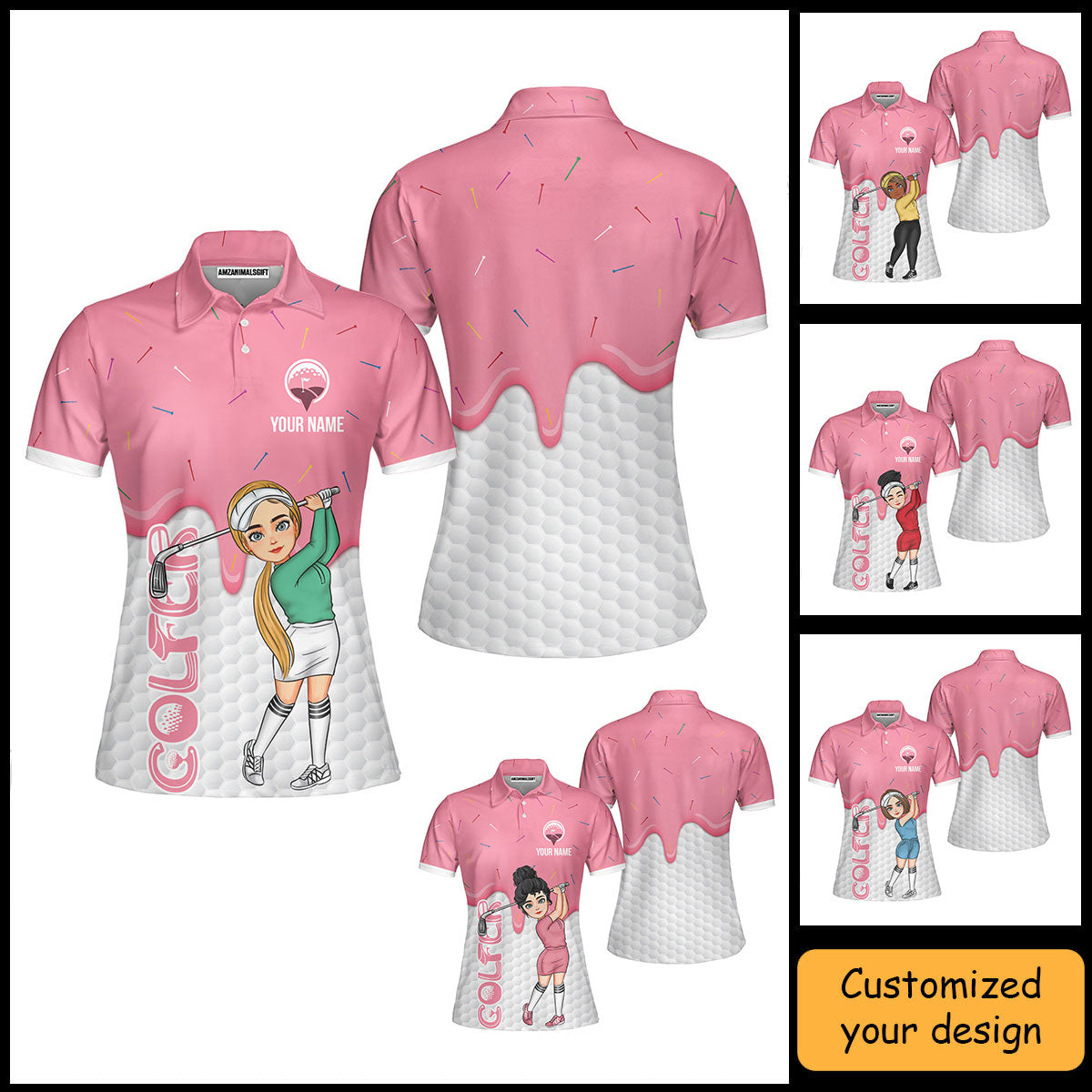 Golf Custom Women Polo Shirt, Ice Cream Melting On Golf Ball Cone Personalized Women Polo Shirts