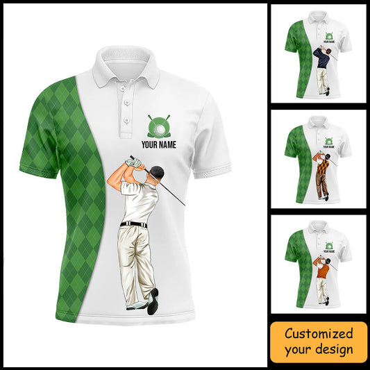 Golf Custom Polo Shirt, Argyle Pattern Green Golf Personalized Golf Polo Shirt