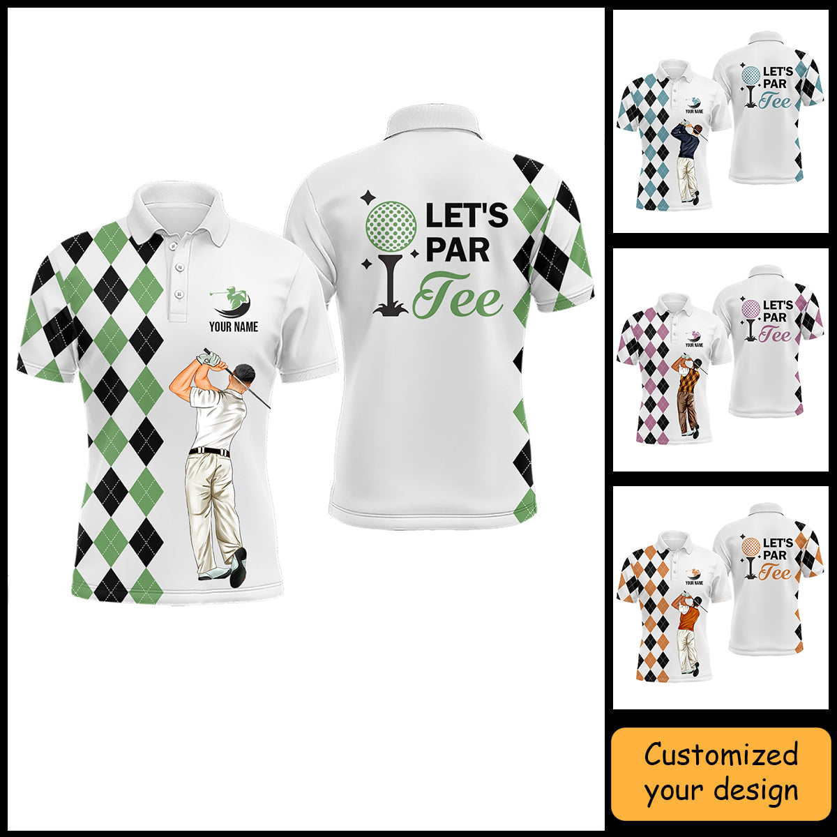 Golf Custom Polo Shirt, Argyle Pattern Golf, Let's par tee Personalized Golf Polo Shirt