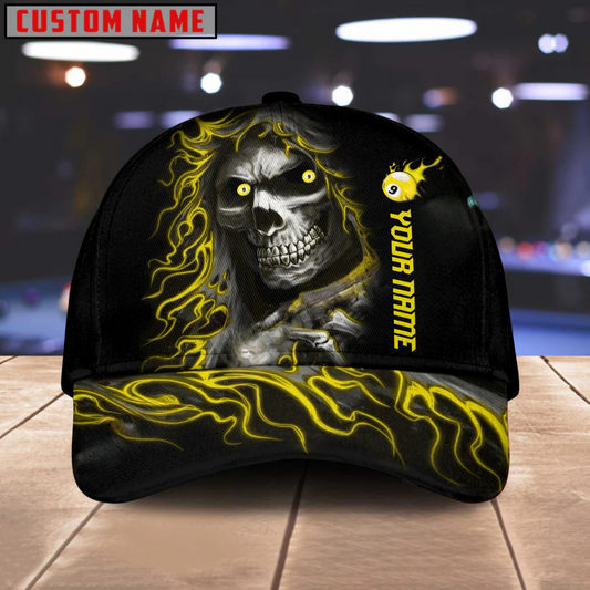 Customized Billiard Cap, Billiard Pool Ball 9 Skull Personalized Name 3D Hats, Best Billiard Pool Hat For Billiard Players