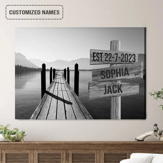 Personalized Couples Wedding Anniversary Street Sign Black And White Wall Art Canvas, Beach Ocean Dock Landscape Canvas