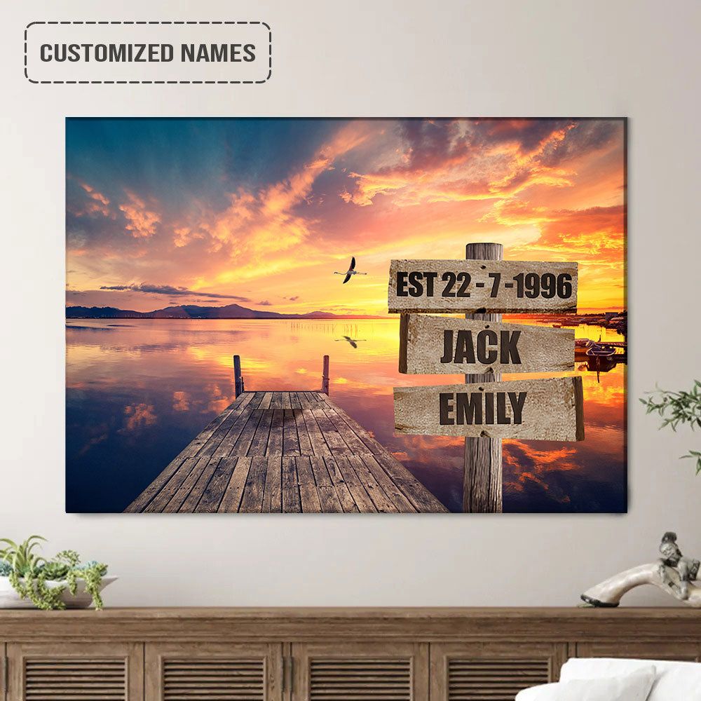 Personalized Couples Wedding Anniversary Wall Art Canvas Hanging, Sunset Dock Landscape Canvas Poster For Home Decor