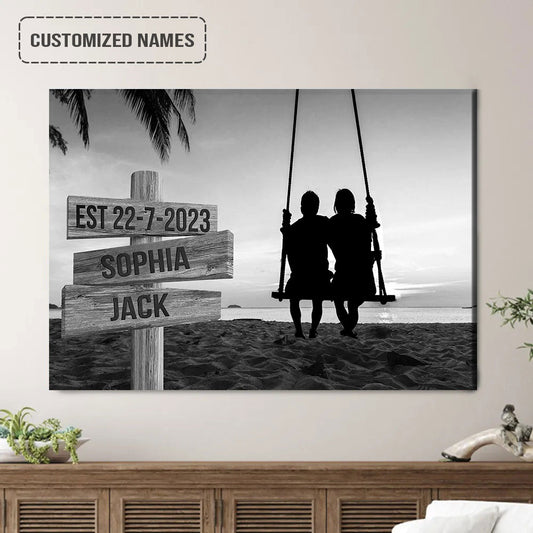 Personalized Couples Wedding Anniversary Street Sign Black And White Wall Art, Couple Swing Beach Landscape Canvas Decor