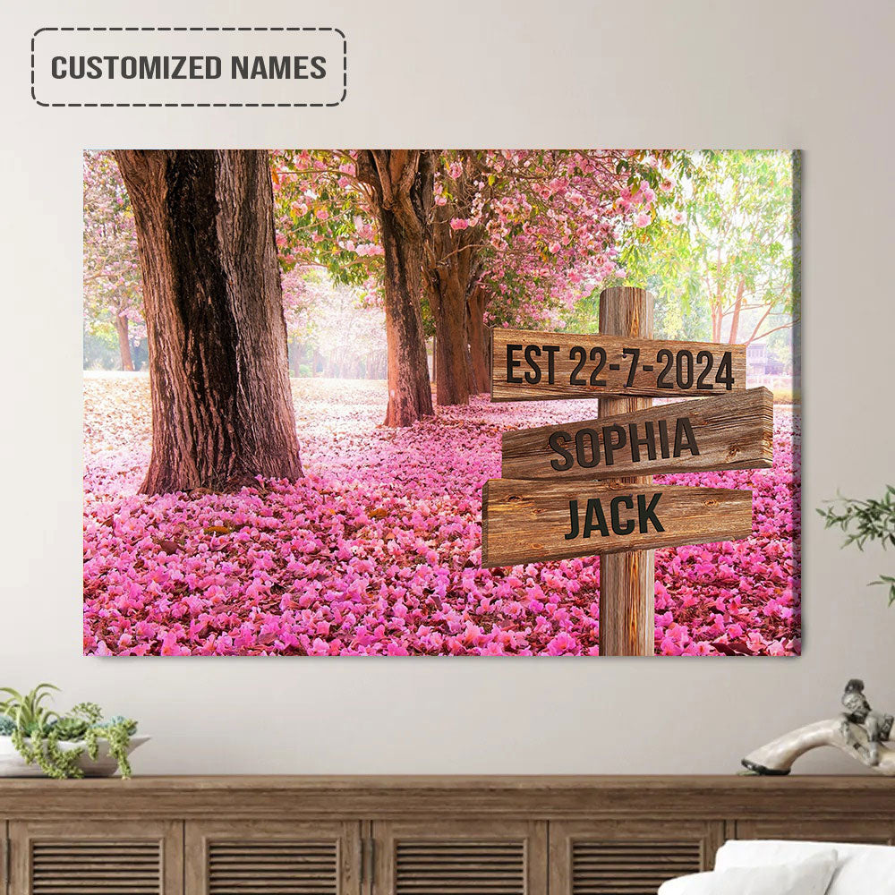 Personalized Couples Wedding Anniversary Wall Art Canvas Hanging, Pink Flower Trees Falling Petal Landscape Canvas Decor