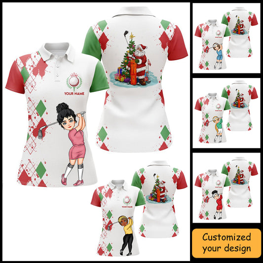 Golf Custom Women Polo Shirt, Argyle Pattern Christmas Golf Queen Personalized Women Polo Shirt