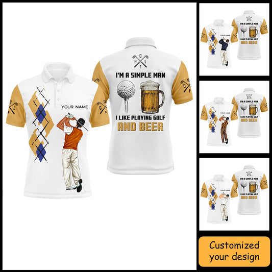 Golf Custom Polo Shirt, I'm A Simple Man Beer Argyle Pattern Personalized Golf Polo Shirt