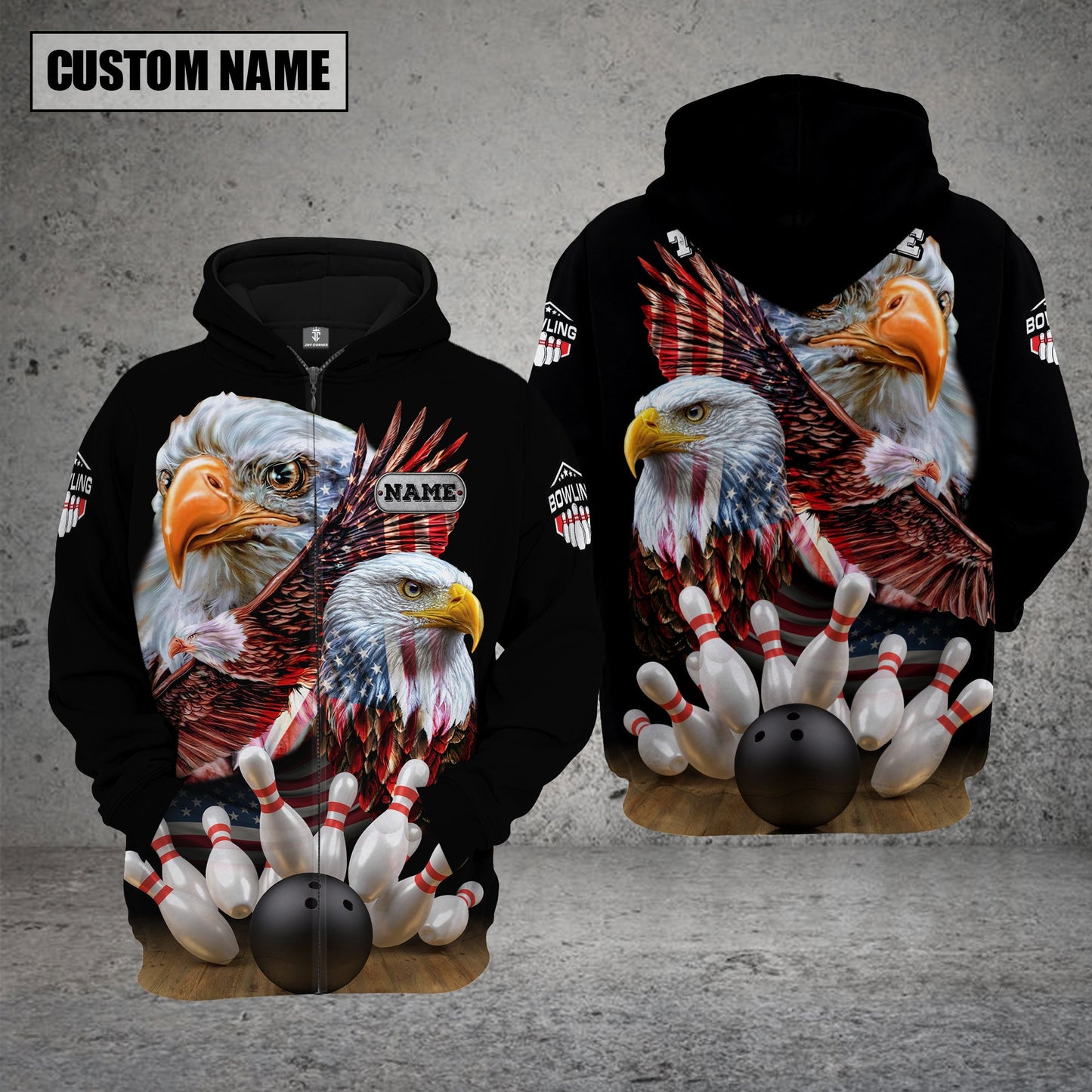 Customized Bowling Polo, Bowling And Pins American Eagles Pride Customized Name And Team Name And Team Zipper Polo Jerseys Shirts