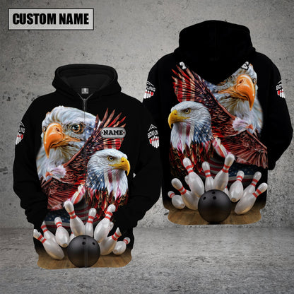 Customized Bowling Polo, Bowling And Pins American Eagles Pride Customized Name And Team Name And Team Zipper Polo Jerseys Shirts