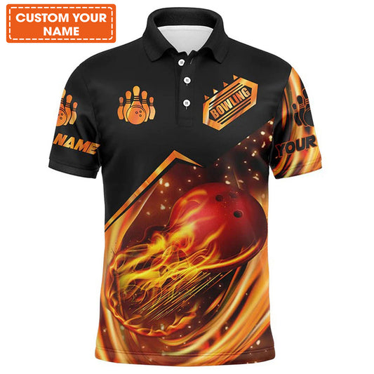 Bowling Custom Men Polo Shirt - Custom Name Flame Bowling Shirt Personalized Bowling Polo Shirt - Gift For Friend, Family