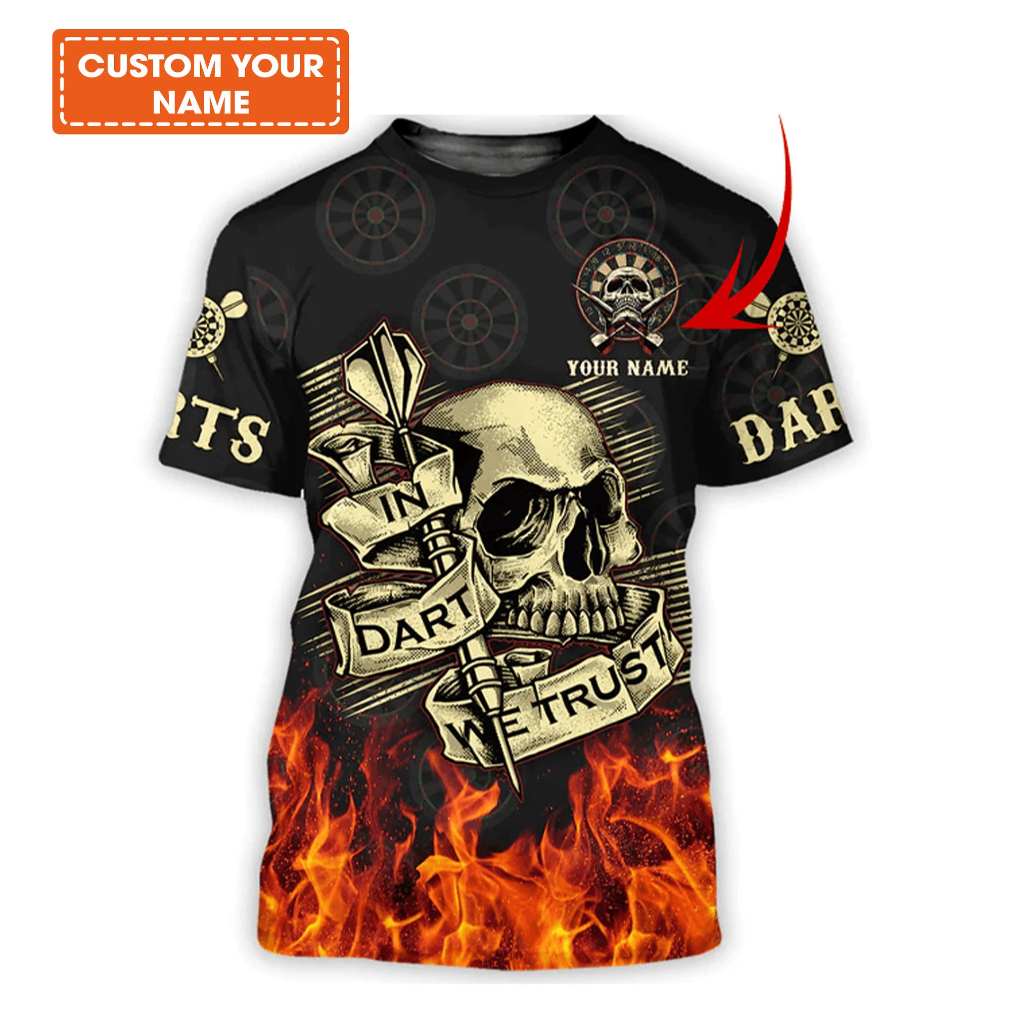 Customized Name Darts T Shirt, Darts Skull With Flame Personalized Name T Shirt For Men  - Perfect Gift For Darts Game Lovers, Darts Players