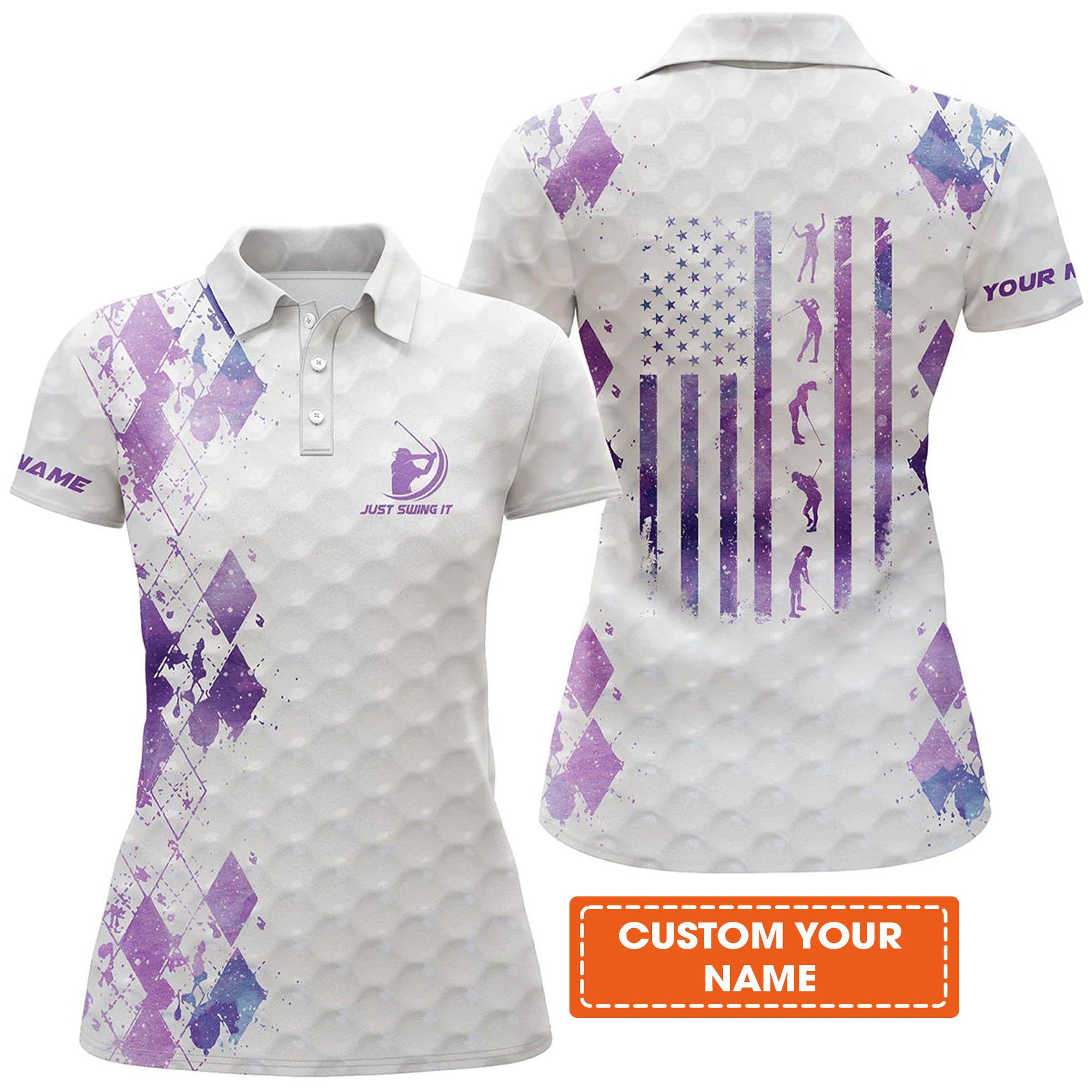 Golf Custom Name Women Polo Shirt, Just Swing It American Flag Argyle Pattern Personalized Women Polo Shirt - Gift For Ladies, Golf Lovers, Golfers