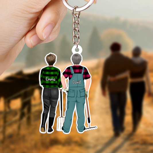 Personalized Farmer Couple Partners Back View Flat Acrylic Keychain, Meaningful Gifts For Farmer Couple Partners Soulmates