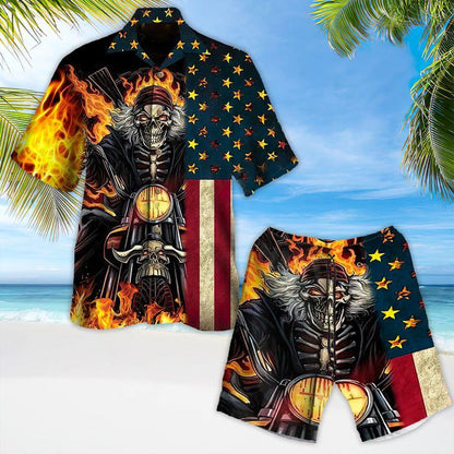 Motorcycle Aloha Hawaiian Shirts For Summer, Fire Skull Biker American Flag Hawaiian Set For Men Women, Gift For Racing Motorcycle Lovers, Friend - Amzanimalsgift