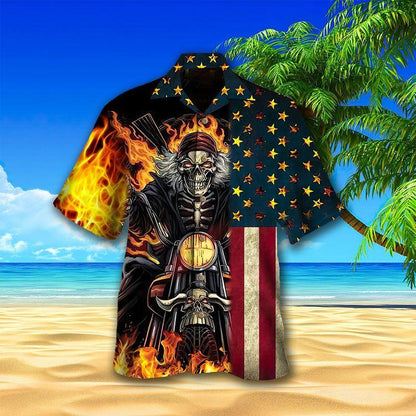 Motorcycle Aloha Hawaiian Shirts For Summer, Fire Skull Biker American Flag Hawaiian Set For Men Women, Gift For Racing Motorcycle Lovers, Friend - Amzanimalsgift