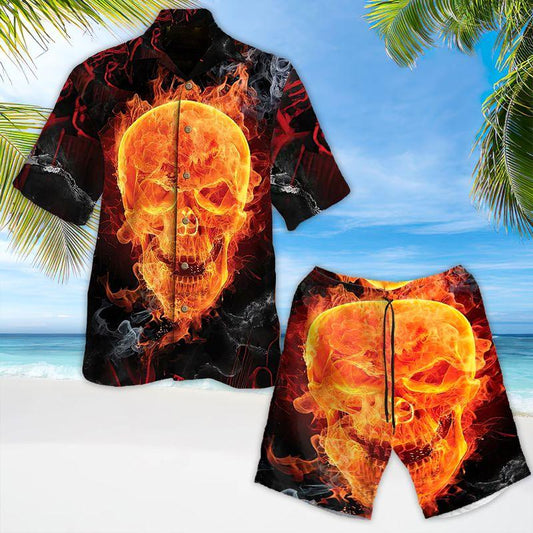 Motorcycle Aloha Hawaiian Shirts For Summer, Flame Creepy Skull Halloween Hawaiian Set For Men Women, Gift For Friend, Racing Motorcycle Lovers - Amzanimalsgift