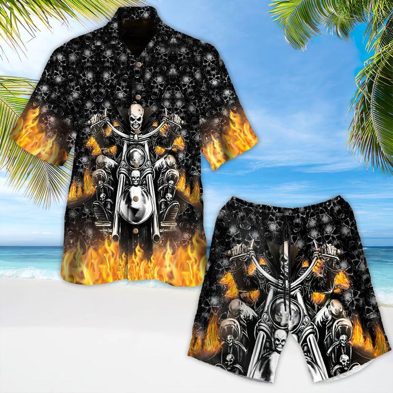 Motorcycle Aloha Hawaiian Shirts For Summer, Ghost Racer Skull Fire Pattern Skeleton Hawaiian Set For Men Women, Gift For Racing Motorcycle Lovers - Amzanimalsgift