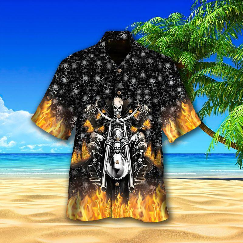 Motorcycle Aloha Hawaiian Shirts For Summer, Ghost Racer Skull Fire Pattern Skeleton Hawaiian Set For Men Women, Gift For Racing Motorcycle Lovers - Amzanimalsgift