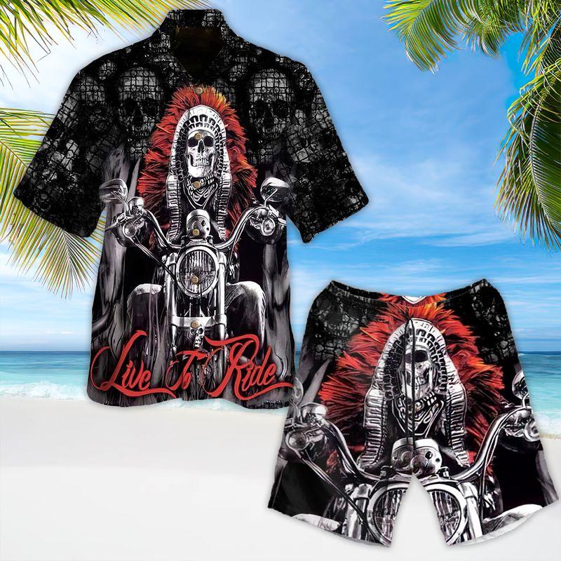 Motorcycle Aloha Hawaiian Shirts For Summer, Native Skull Live To Ride Skull Riding Hawaiian Set For Men Women, Gift For Racing Motorcycle Lovers - Amzanimalsgift