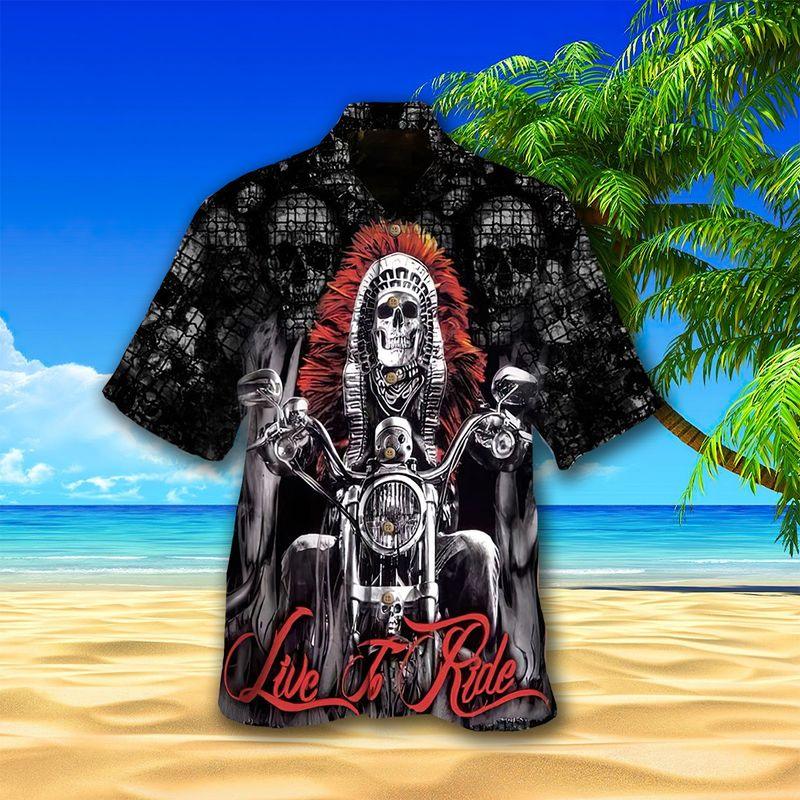 Motorcycle Aloha Hawaiian Shirts For Summer, Native Skull Live To Ride Skull Riding Hawaiian Set For Men Women, Gift For Racing Motorcycle Lovers - Amzanimalsgift