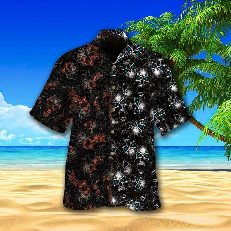 Motorcycle Aloha Hawaiian Shirts For Summer, Orange And Blue Creepy Skull Head Pattern Hawaiian Set For Men Women, Gift For Racing Motorcycle Lovers - Amzanimalsgift