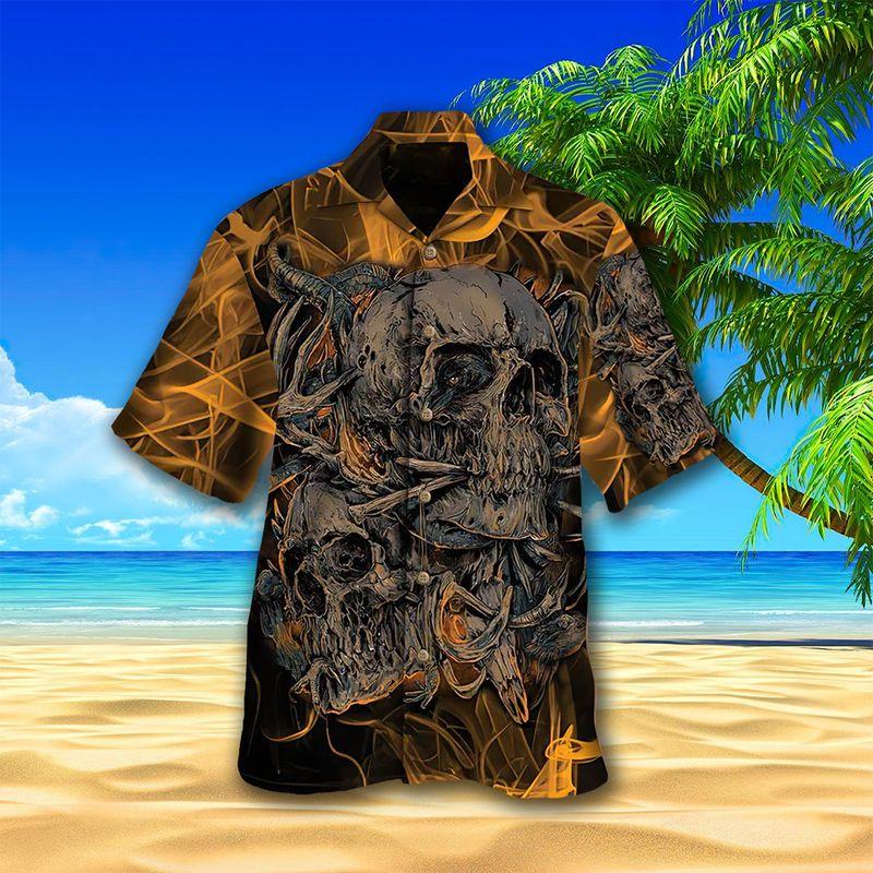 Motorcycle Aloha Hawaiian Shirts For Summer, Orange Flame Background Creepy Satan Skull Hawaiian Set For Men Women, Gift For Racing Motorcycle Lovers - Amzanimalsgift