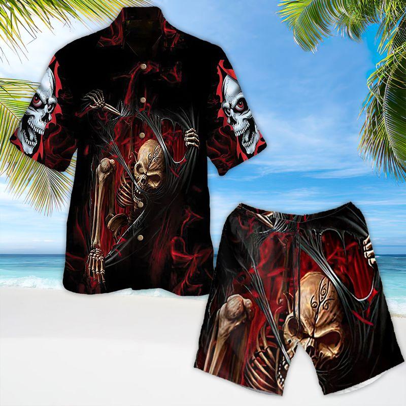 Motorcycle Aloha Hawaiian Shirts For Summer, Skeleton Horror Skull The Death Art Hawaiian Set For Men Women, Gift For Racing Motorcycle Lovers, Friend - Amzanimalsgift