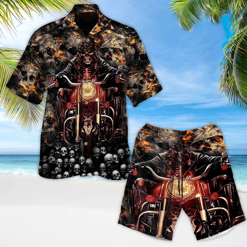 Motorcycle Aloha Hawaiian Shirts For Summer, Skeleton Rider, Skull Pattern Background Hawaiian Set For Men Women, Gift For Racing Motorcycle Lovers - Amzanimalsgift