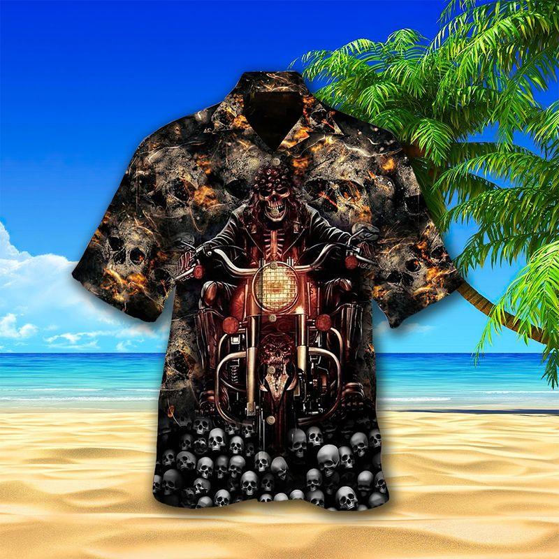 Motorcycle Aloha Hawaiian Shirts For Summer, Skeleton Rider, Skull Pattern Background Hawaiian Set For Men Women, Gift For Racing Motorcycle Lovers - Amzanimalsgift