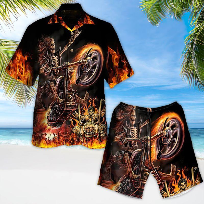 Motorcycle Aloha Hawaiian Shirts For Summer, Skeleton Rock Star Riding Skull Racing Hawaiian Set For Men Women, Gift For Friend, Motorcycle Lovers - Amzanimalsgift