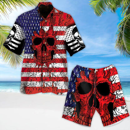 Motorcycle Aloha Hawaiian Shirts For Summer, Skull American Flag Ripped Hawaiian Set For Men Women, Gift For Racing Motorcycle Lovers, Patriotic - Amzanimalsgift