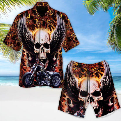 Motorcycle Aloha Hawaiian Shirts For Summer, Skull Black Wing Flaming Background Hawaiian Set For Men Women, Gift For Racing Motorcycle Lovers, Friend - Amzanimalsgift