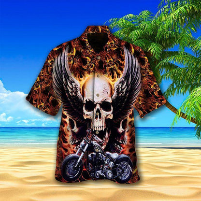 Motorcycle Aloha Hawaiian Shirts For Summer, Skull Black Wing Flaming Background Hawaiian Set For Men Women, Gift For Racing Motorcycle Lovers, Friend - Amzanimalsgift