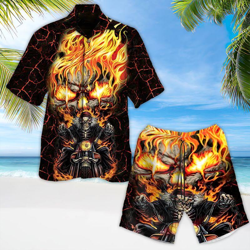 Motorcycle Aloha Hawaiian Shirts For Summer, Skull Flame Hawaiian Set Outfits For Men Women, Gift For Friend, Team, Racing Motorcycle Lovers - Amzanimalsgift