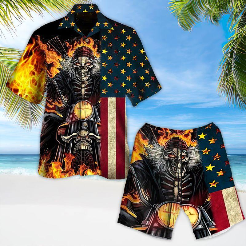 Motorcycle Aloha Hawaiian Shirts For Summer, Skull On Fire American Flag Hawaiian Set For Men Women, Gift For Speed Lovers, Racing Motorcycle Lovers - Amzanimalsgift