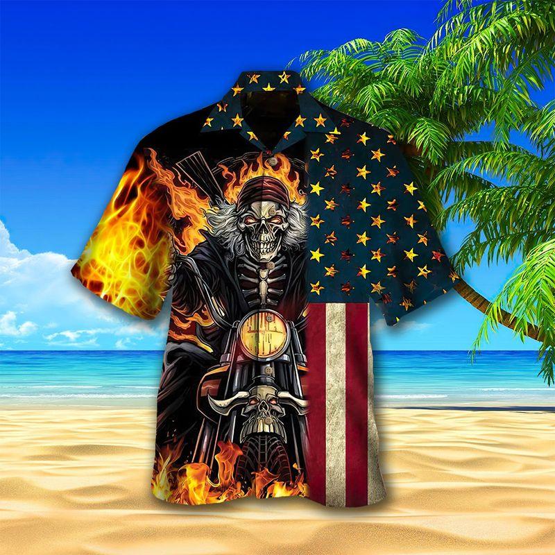 Motorcycle Aloha Hawaiian Shirts For Summer, Skull On Fire American Flag Hawaiian Set For Men Women, Gift For Speed Lovers, Racing Motorcycle Lovers - Amzanimalsgift