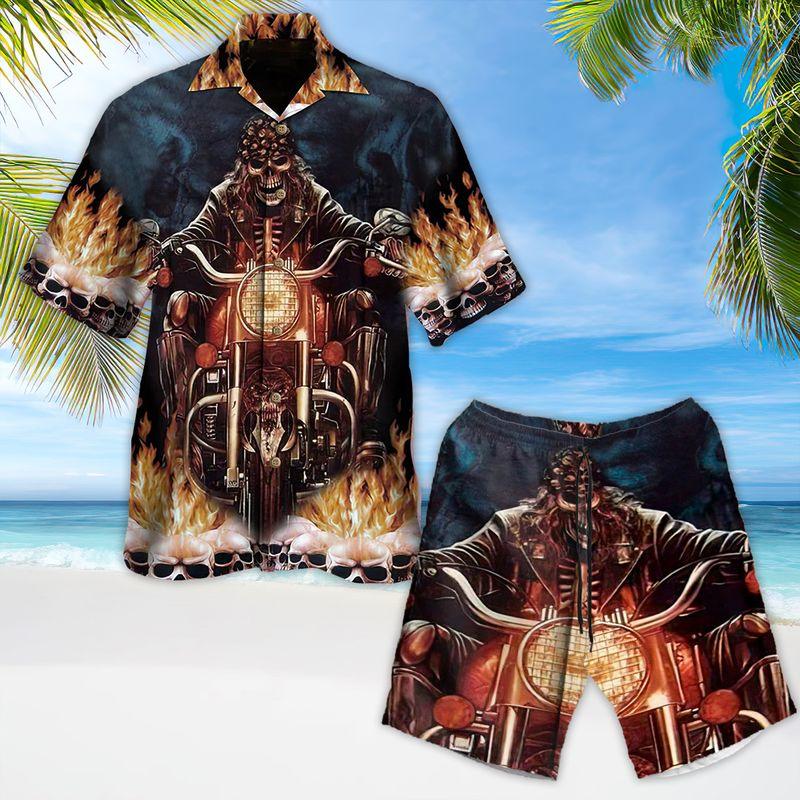 Motorcycle Aloha Hawaiian Shirts For Summer, Skull Speed Racing Hawaiian Set Outfits For Men Women, Gift For Friend, Team, Racing Motorcycle Lovers - Amzanimalsgift