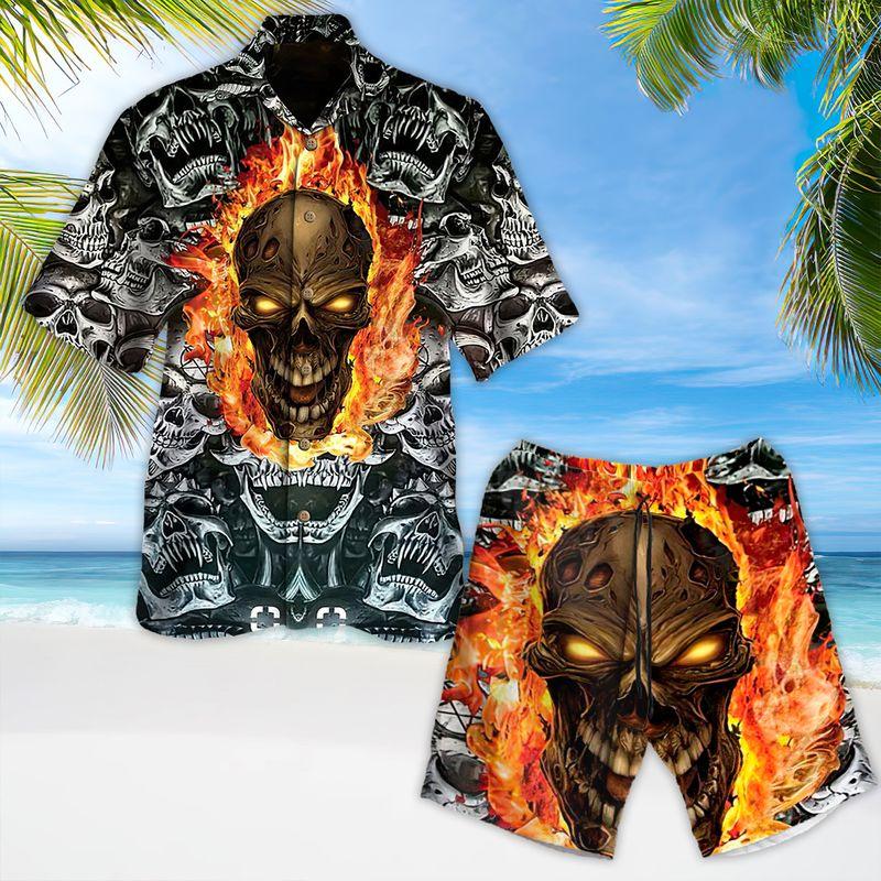 Motorcycle Aloha Hawaiian Shirts For Summer, White Skull Flaming Pattern Horror Style Hawaiian Set For Men Women, Gift For Racing Motorcycle Lovers - Amzanimalsgift