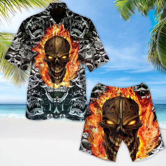 Motorcycle Aloha Hawaiian Shirts For Summer, White Skull Flaming Pattern Horror Style Hawaiian Set For Men Women, Gift For Racing Motorcycle Lovers - Amzanimalsgift