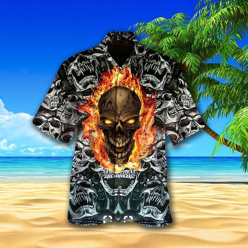 Motorcycle Aloha Hawaiian Shirts For Summer, White Skull Flaming Pattern Horror Style Hawaiian Set For Men Women, Gift For Racing Motorcycle Lovers - Amzanimalsgift