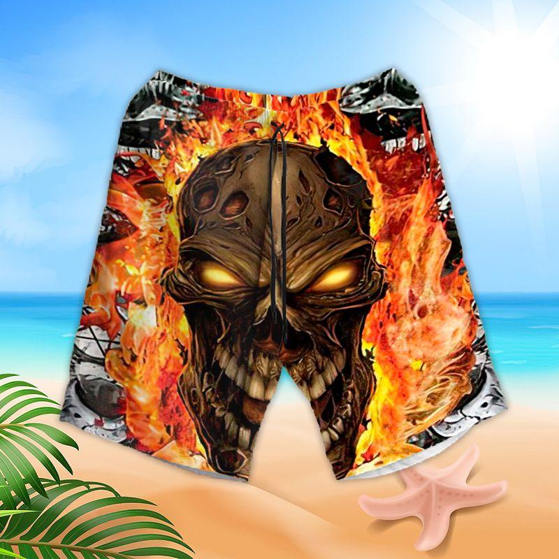 Motorcycle Aloha Hawaiian Shirts For Summer, White Skull Flaming Pattern Horror Style Hawaiian Set For Men Women, Gift For Racing Motorcycle Lovers - Amzanimalsgift