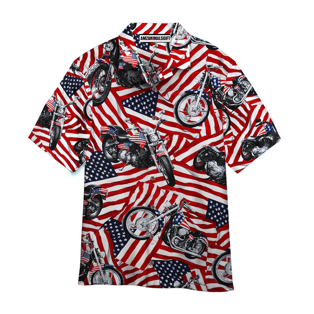 Motorcycles American Flag Red And White Aloha Hawaiian Shirts For Men Women, 4th Of July Gift For Summer, Friend, Independence Day, Motorcycles Lovers - Amzanimalsgift