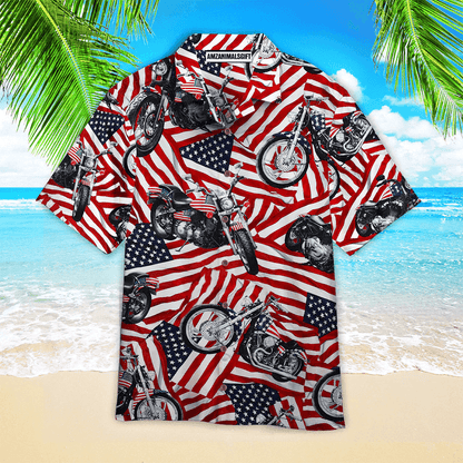 Motorcycles American Flag Red And White Aloha Hawaiian Shirts For Men Women, 4th Of July Gift For Summer, Friend, Independence Day, Motorcycles Lovers - Amzanimalsgift