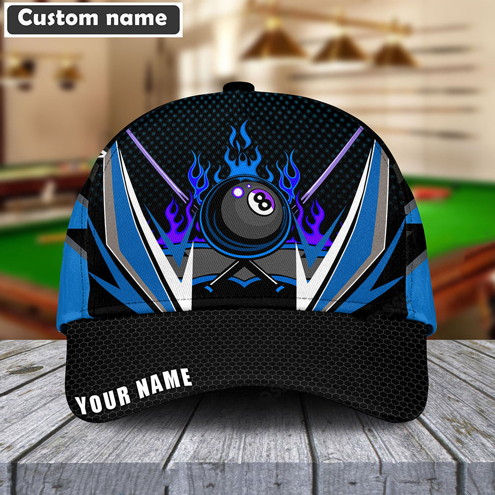 Customized Billiard Cap, Billiard Pools Blue Fire 8-Ball Personalized Name Hats, Best Billiard Pool Hat For Billiard Players
