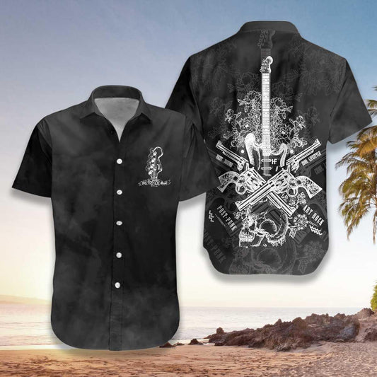 Music Hawaiian Shirt - Live Rock And Roll Black And Smoke Guitar Hawaiian Shirt, Colorful Summer Aloha Shirt - Perfect Gift For Friend, Family - Amzanimalsgift