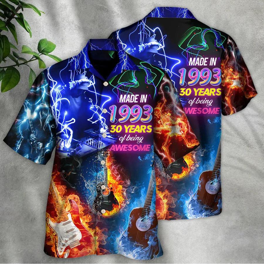 Music Hawaiian Shirt, Music Guitar Flame Hawaiian Shirt, Music Is My Life Made In 1993 Neon Style Aloha Shirt For Men - Perfect Gift For Music Lovers - Amzanimalsgift